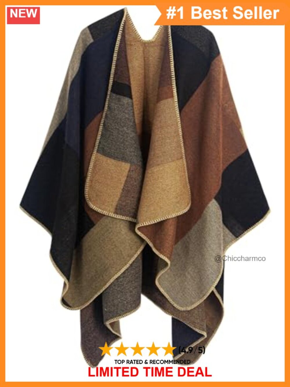 Cashmere-Feeling Reversible Poncho Wrap Shawl One Size